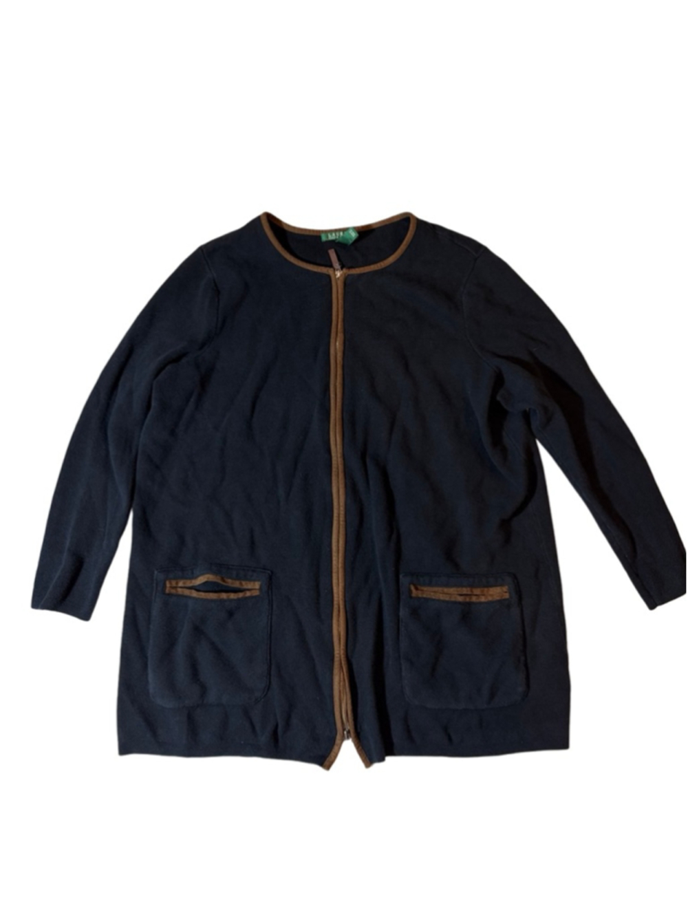 Lauren Ralph Lauren Black Cotton Zip Cardigan Jacket Faux Suede Trim 1X
